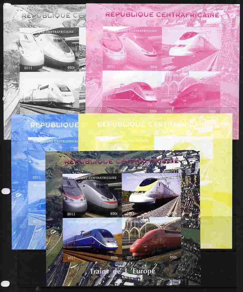 Central African Republic 2011 Railways - Trains of Europe sheetlet containing 4 values - the set of 5 imperf progressive proofs comprising the 4 individual colours plus all 4-colour composite, unmounted mint