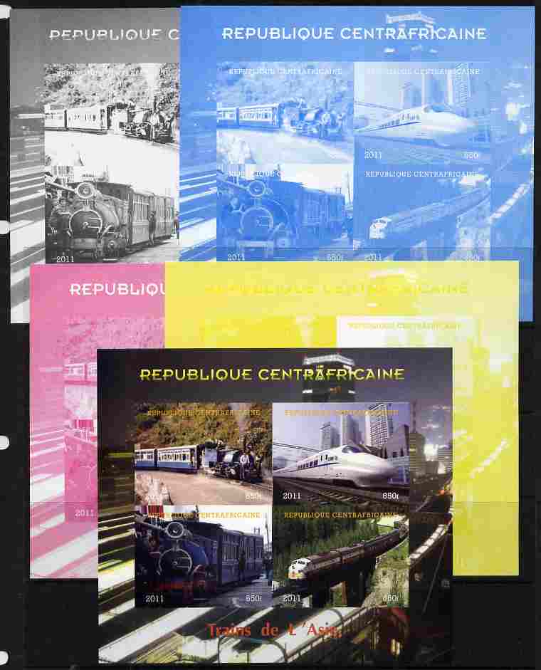 Central African Republic 2011 Railways - Trains of Asia sheetlet containing 4 values - the set of 5 imperf progressive proofs comprising the 4 individual colours plus all 4-colour composite, unmounted mint