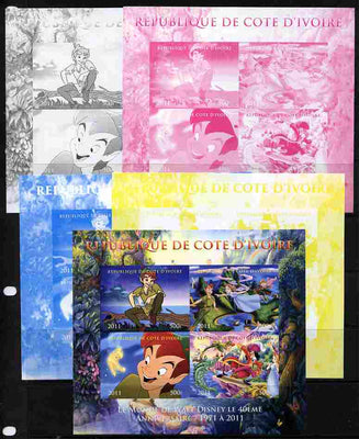 Ivory Coast 2011 The World of Walt Disney - Peter Pan sheetlet containing 4 values - the set of 5 imperf progressive proofs comprising the 4 individual colours plus all 4-colour composite, unmounted mint