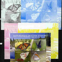 Ivory Coast 2011 Butterflies of North America sheetlet containing 4 values - the set of 5 imperf progressive proofs comprising the 4 individual colours plus all 4-colour composite, unmounted mint