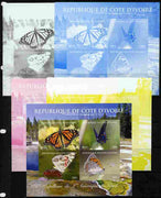Ivory Coast 2011 Butterflies of North America sheetlet containing 4 values - the set of 5 imperf progressive proofs comprising the 4 individual colours plus all 4-colour composite, unmounted mint