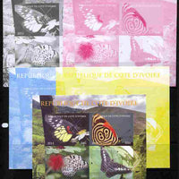 Ivory Coast 2011 Butterflies of Asia sheetlet containing 4 values - the set of 5 imperf progressive proofs comprising the 4 individual colours plus all 4-colour composite, unmounted mint