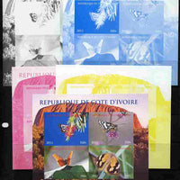 Ivory Coast 2011 Butterflies of Australasia sheetlet containing 4 values - the set of 5 imperf progressive proofs comprising the 4 individual colours plus all 4-colour composite, unmounted mint