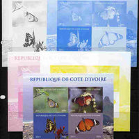 Ivory Coast 2011 Butterflies of South America sheetlet containing 4 values - the set of 5 imperf progressive proofs comprising the 4 individual colours plus all 4-colour composite, unmounted mint
