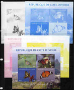 Ivory Coast 2011 Butterflies of South America sheetlet containing 4 values - the set of 5 imperf progressive proofs comprising the 4 individual colours plus all 4-colour composite, unmounted mint