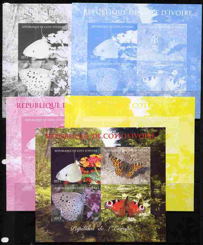 Ivory Coast 2011 Butterflies of Europe sheetlet containing 4 values - the set of 5 imperf progressive proofs comprising the 4 individual colours plus all 4-colour composite, unmounted mint