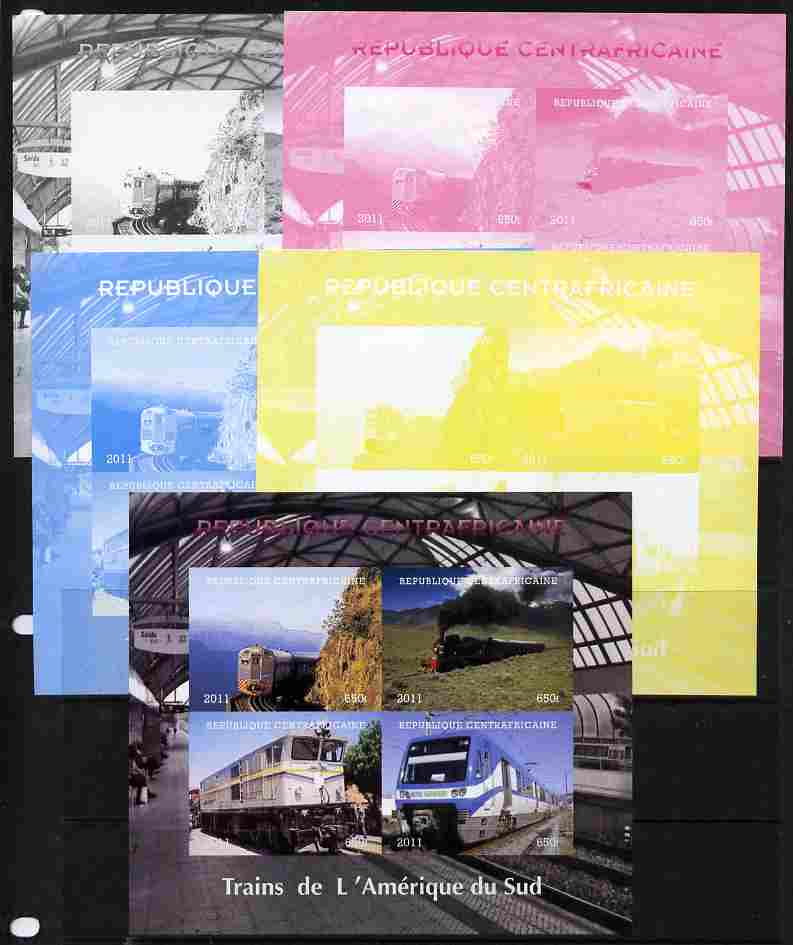 Central African Republic 2011 Railways - Trains of South America sheetlet containing 4 values - the set of 5 imperf progressive proofs comprising the 4 individual colours plus all 4-colour composite, unmounted mint