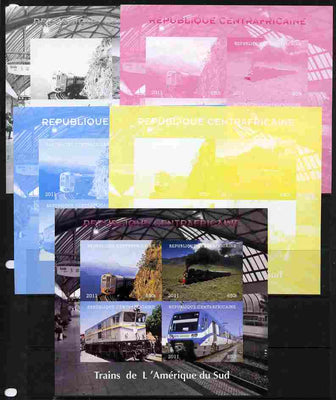 Central African Republic 2011 Railways - Trains of South America sheetlet containing 4 values - the set of 5 imperf progressive proofs comprising the 4 individual colours plus all 4-colour composite, unmounted mint