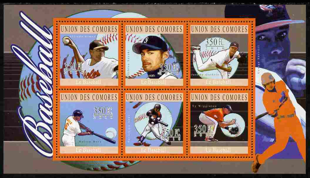Comoro Islands 2010 Baseball perf sheetlet containing 6 values unmounted mint