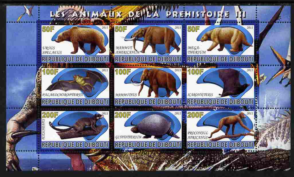 Djibouti 2011 Prehistoric Animals #3 perf sheetlet containing 9 values unmounted mint