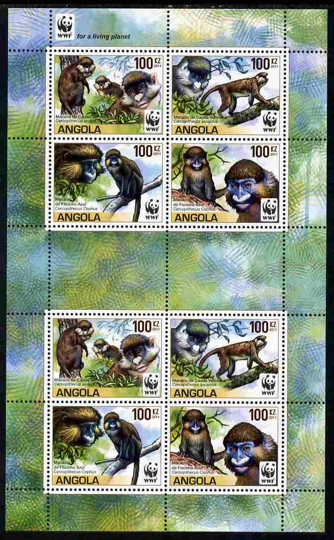 Angola 2011 WWF - Endangered Monkeys perf sheetlet containing 8 values (2 sets of 4) unmounted mint