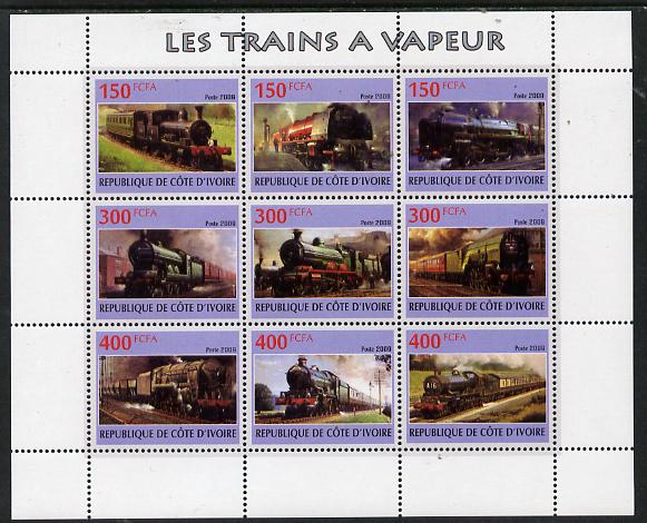 Ivory Coast 2009 Steam Locos perf sheetlet containing 9 values unmounted mint