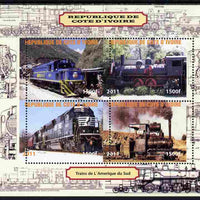 Ivory Coast 2011 Railways - Trains of South America perf sheetlet containing 4 values unmounted mint. Note this item is privately produced and is offered purely on its thematic appeal, it has no postal validity
