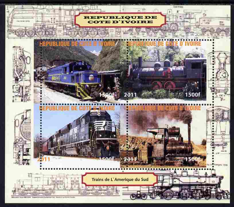 Ivory Coast 2011 Railways - Trains of South America perf sheetlet containing 4 values unmounted mint. Note this item is privately produced and is offered purely on its thematic appeal, it has no postal validity