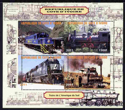 Ivory Coast 2011 Railways - Trains of South America perf sheetlet containing 4 values unmounted mint. Note this item is privately produced and is offered purely on its thematic appeal, it has no postal validity