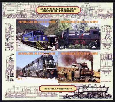 Ivory Coast 2011 Railways - Trains of South America imperf sheetlet containing 4 values unmounted mint. Note this item is privately produced and is offered purely on its thematic appeal, it has no postal validity