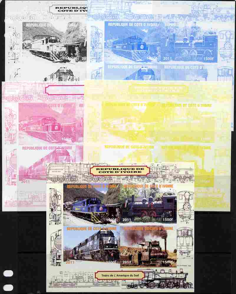 Ivory Coast 2011 Railways - Trains of South America sheetlet containing 4 values - the set of 5 imperf progressive proofs comprising the 4 individual colours plus all 4-colour composite, unmounted mint