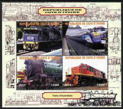 Ivory Coast 2011 Railways - Trains of Australasia perf sheetlet containing 4 values unmounted mint. Note this item is privately produced and is offered purely on its thematic appeal