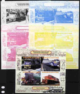 Ivory Coast 2011 Railways - Trains of Australasia sheetlet containing 4 values - the set of 5 imperf progressive proofs comprising the 4 individual colours plus all 4-colour composite, unmounted mint