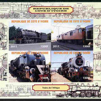 Ivory Coast 2011 Railways - Trains of Africa imperf sheetlet containing 4 values unmounted mint. Note this item is privately produced and is offered purely on its thematic appeal, it has no postal validity