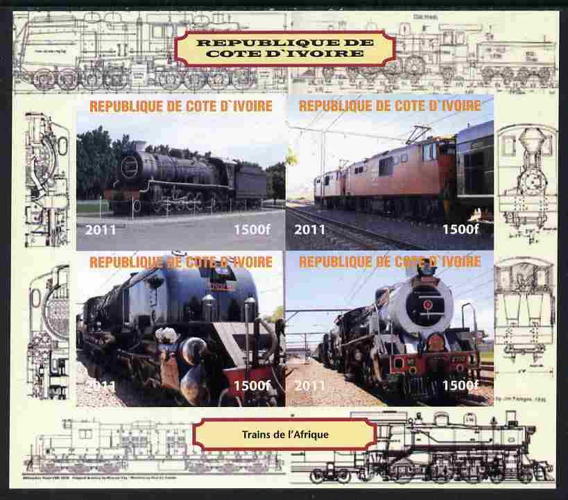 Ivory Coast 2011 Railways - Trains of Africa imperf sheetlet containing 4 values unmounted mint. Note this item is privately produced and is offered purely on its thematic appeal, it has no postal validity