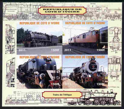 Ivory Coast 2011 Railways - Trains of Africa imperf sheetlet containing 4 values unmounted mint. Note this item is privately produced and is offered purely on its thematic appeal, it has no postal validity