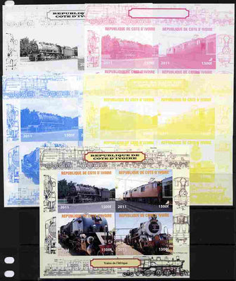 Ivory Coast 2011 Railways - Trains of Africa sheetlet containing 4 values - the set of 5 imperf progressive proofs comprising the 4 individual colours plus all 4-colour composite, unmounted mint