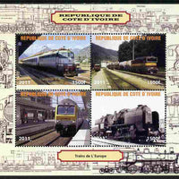 Ivory Coast 2011 Railways - Trains of Europe perf sheetlet containing 4 values unmounted mint. Note this item is privately produced and is offered purely on its thematic appeal