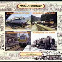 Ivory Coast 2011 Railways - Trains of Europe imperf sheetlet containing 4 values unmounted mint. Note this item is privately produced and is offered purely on its thematic appeal, it has no postal validity
