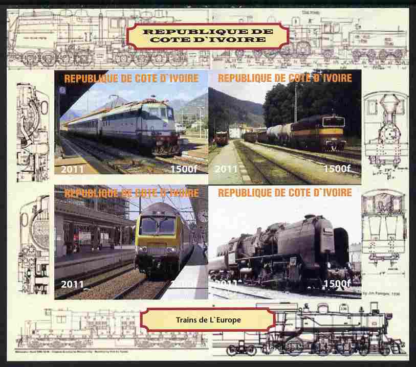 Ivory Coast 2011 Railways - Trains of Europe imperf sheetlet containing 4 values unmounted mint. Note this item is privately produced and is offered purely on its thematic appeal, it has no postal validity