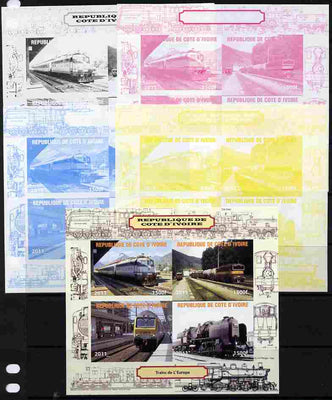 Ivory Coast 2011 Railways - Trains of Europe sheetlet containing 4 values - the set of 5 imperf progressive proofs comprising the 4 individual colours plus all 4-colour composite, unmounted mint