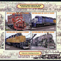 Ivory Coast 2011 Railways - Trains of North America perf sheetlet containing 4 values unmounted mint. Note this item is privately produced and is offered purely on its thematic appeal, it has no postal validity