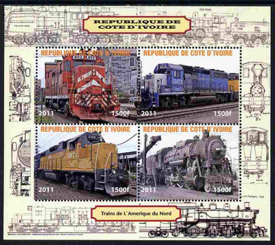 Ivory Coast 2011 Railways - Trains of North America perf sheetlet containing 4 values unmounted mint. Note this item is privately produced and is offered purely on its thematic appeal, it has no postal validity