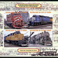 Ivory Coast 2011 Railways - Trains of North America imperf sheetlet containing 4 values unmounted mint. Note this item is privately produced and is offered purely on its thematic appeal, it has no postal validity