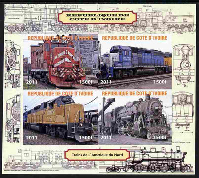 Ivory Coast 2011 Railways - Trains of North America imperf sheetlet containing 4 values unmounted mint. Note this item is privately produced and is offered purely on its thematic appeal, it has no postal validity