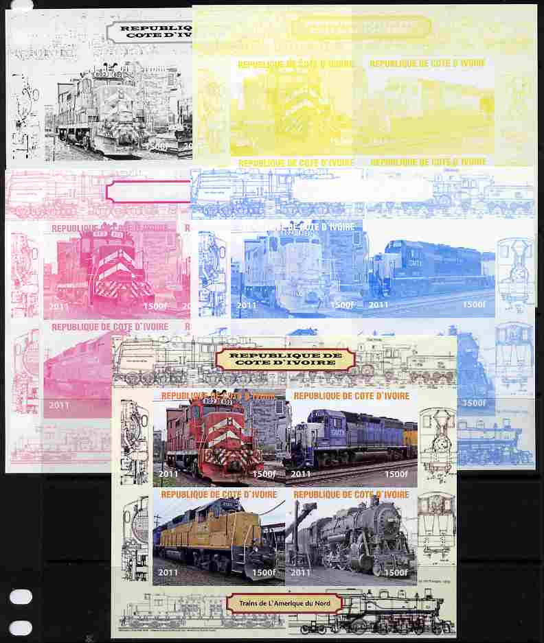 Ivory Coast 2011 Railways - Trains of North America sheetlet containing 4 values - the set of 5 imperf progressive proofs comprising the 4 individual colours plus all 4-colour composite, unmounted mint