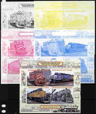 Ivory Coast 2011 Railways - Trains of North America sheetlet containing 4 values - the set of 5 imperf progressive proofs comprising the 4 individual colours plus all 4-colour composite, unmounted mint