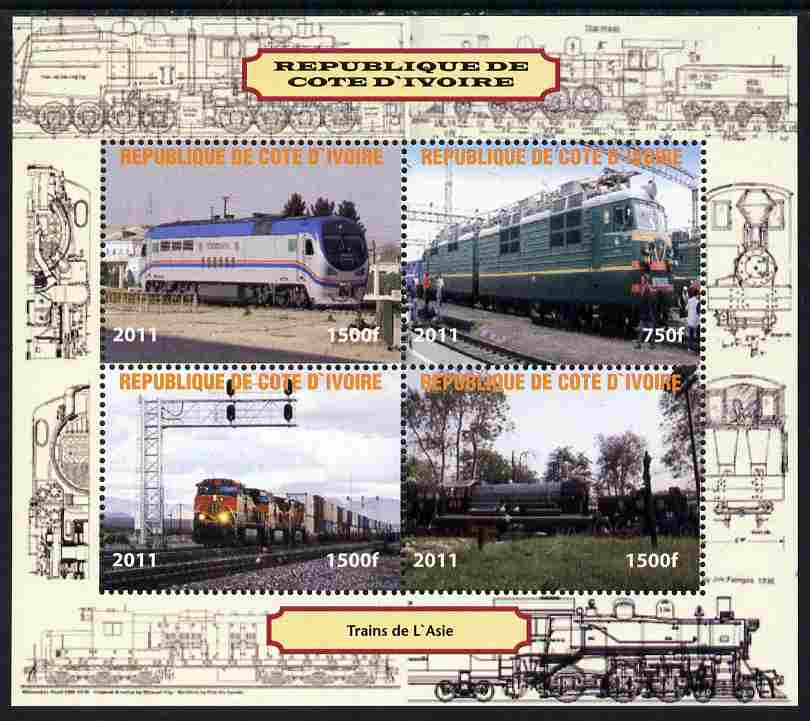 Ivory Coast 2011 Railways - Trains of Asia perf sheetlet containing 4 values unmounted mint. Note this item is privately produced and is offered purely on its thematic appeal