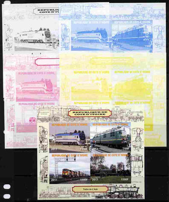 Ivory Coast 2011 Railways - Trains of Asia sheetlet containing 4 values - the set of 5 imperf progressive proofs comprising the 4 individual colours plus all 4-colour composite, unmounted mint