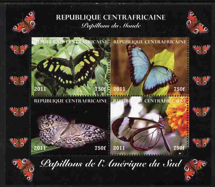 Central African Republic 2011 Butterflies of the World - South America perf sheetlet containing 4 values unmounted mint. Note this item is privately produced and is offered purely on its thematic appeal