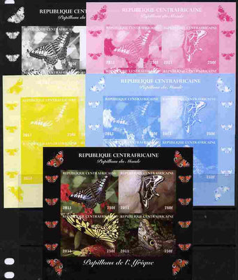 Central African Republic 2011 Butterflies of the World - Africa sheetlet containing 4 values - the set of 5 imperf progressive proofs comprising the 4 individual colours plus all 4-colour composite, unmounted mint