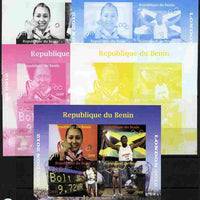 Benin 2011 London 2012 Olympics - Athletics (Jessica Ennis & Eugene Bolt) sheetlet containing 4 values - the set of 5 imperf progressive proofs comprising the 4 individual colours plus all 4-colour composite, unmounted mint