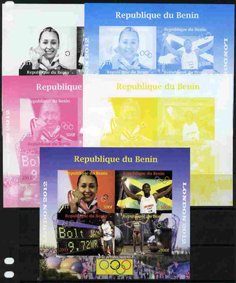 Benin 2011 London 2012 Olympics - Athletics (Jessica Ennis & Eugene Bolt) sheetlet containing 4 values - the set of 5 imperf progressive proofs comprising the 4 individual colours plus all 4-colour composite, unmounted mint