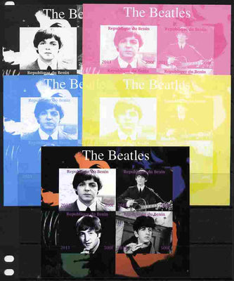 Benin 2011 The Beatles sheetlet containing 4 values - the set of 5 imperf progressive proofs comprising the 4 individual colours plus all 4-colour composite, unmounted mint