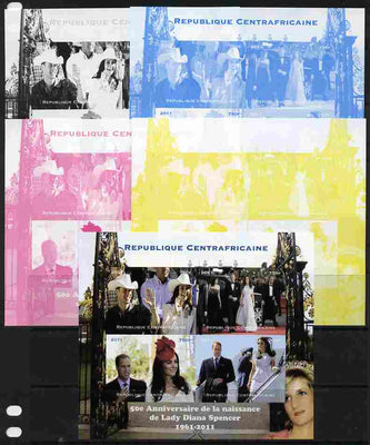 Central African Republic 2011 50th Birth Anniversary of Princess Diana sheetlet containing 4 values - the set of 5 imperf progressive proofs comprising the 4 individual colours plus all 4-colour composite, unmounted mint