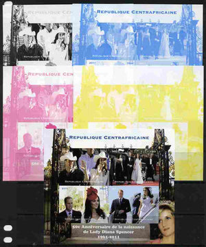 Central African Republic 2011 50th Birth Anniversary of Princess Diana sheetlet containing 4 values - the set of 5 imperf progressive proofs comprising the 4 individual colours plus all 4-colour composite, unmounted mint