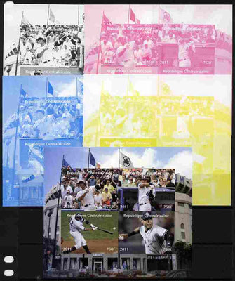 Central African Republic 2011 Baseball sheetlet containing 4 values - the set of 5 imperf progressive proofs comprising the 4 individual colours plus all 4-colour composite, unmounted mint