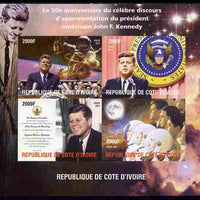 Ivory Coast 2011 50th Anniversary of Pres Kennedy's Inaugural Speech imperf sheetlet containing 4 values unmounted mint. Note this item is privately produced and is offered purely on its thematic appeal, it has no postal validity