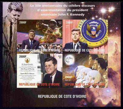 Ivory Coast 2011 50th Anniversary of Pres Kennedy's Inaugural Speech imperf sheetlet containing 4 values unmounted mint. Note this item is privately produced and is offered purely on its thematic appeal, it has no postal validity