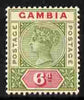 Gambia 1898-1902 QV Key Plate 6d olive & carmine Crown CA mounted mint, SG 43